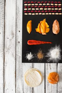 Ingredients for a vegan burger recipe, sweet potato