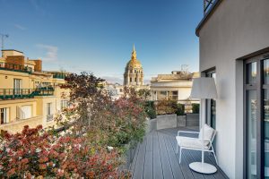 Terrace at the Hotel Le Cinque Codet Paris with the view on the Dom des Invalides