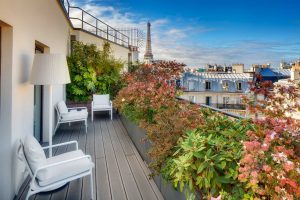 Terrace at the Hotel Le Cinque Codet Paris with the view on the Eiffel Tower